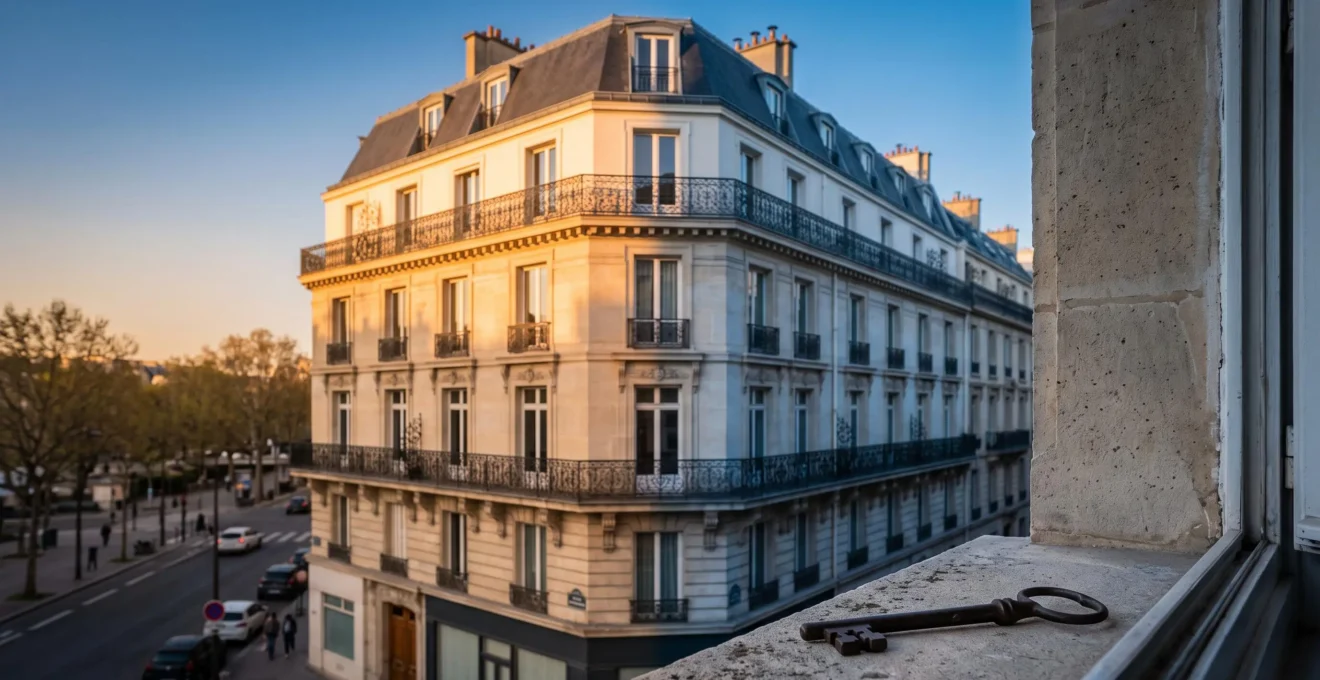 Maison bourgeoise française divisée symboliquement en deux zones de lumière représentant l'usufruit et la nue-propriété, illustrant l'achat immobilier à prix décoté