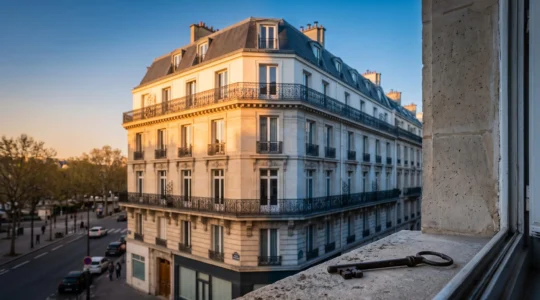 Maison bourgeoise française divisée symboliquement en deux zones de lumière représentant l'usufruit et la nue-propriété, illustrant l'achat immobilier à prix décoté