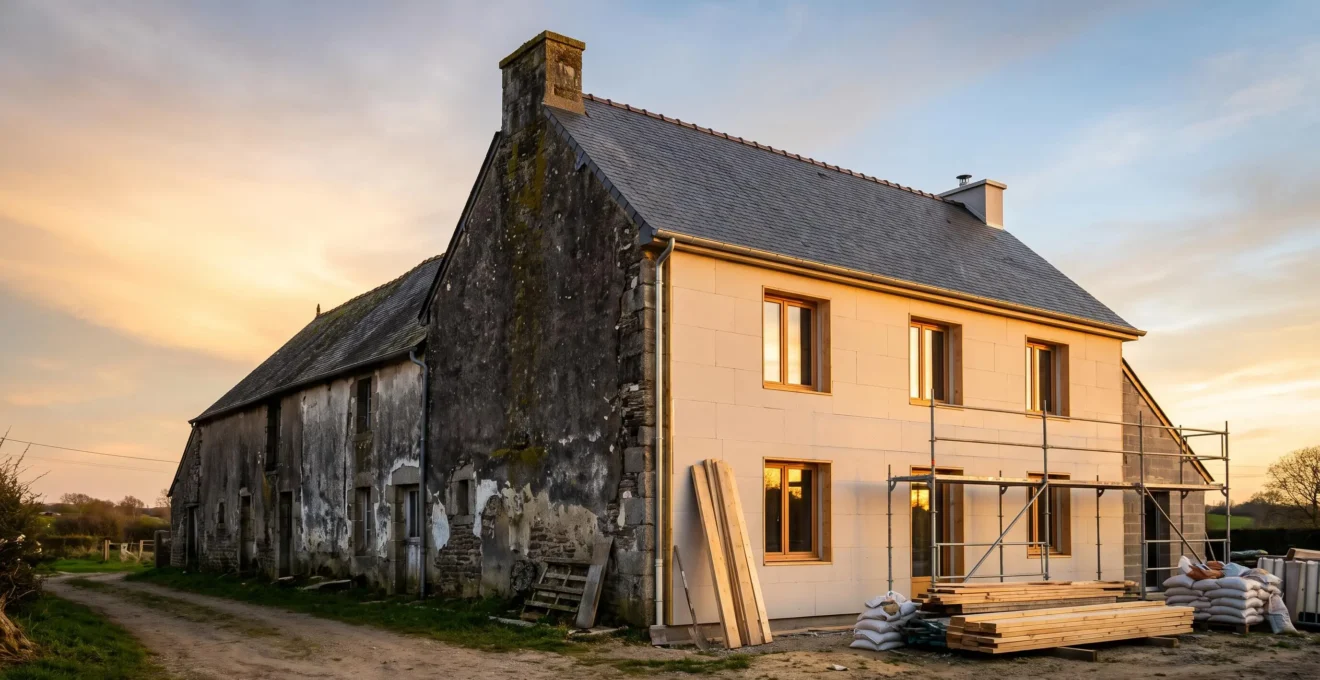 Propriétaire examinant les plans de rénovation d'une maison ancienne en pleine transition énergétique, symbole d'anticipation des normes immobilières