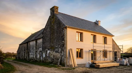 Propriétaire examinant les plans de rénovation d'une maison ancienne en pleine transition énergétique, symbole d'anticipation des normes immobilières