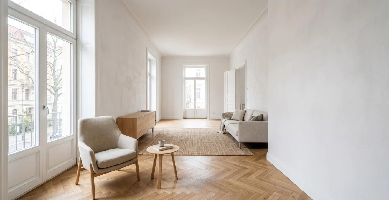 Salon lumineux et épuré illustrant la transformation d'un appartement pour paraître plus spacieux avant une vente immobilière