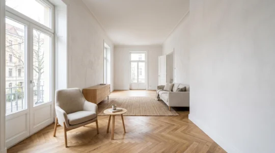 Salon lumineux et épuré illustrant la transformation d'un appartement pour paraître plus spacieux avant une vente immobilière