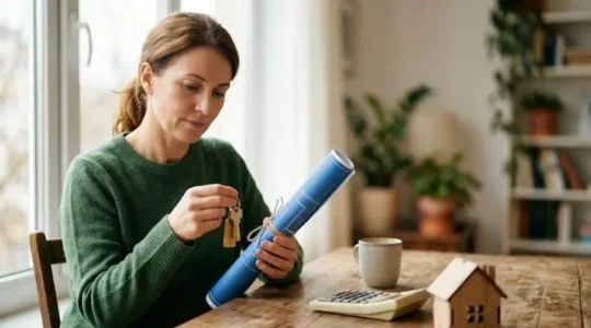 Investisseur immobilier examinant attentivement les plans et clés d'un bien locatif pour viser un rendement net de 6 pourcent