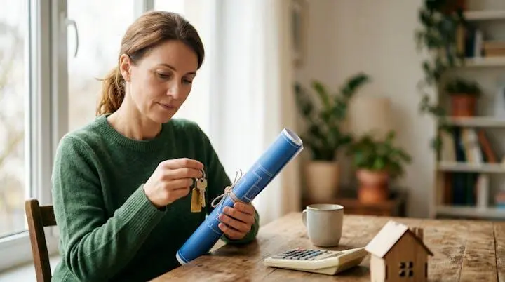 Investisseur immobilier examinant attentivement les plans et clés d'un bien locatif pour viser un rendement net de 6 pourcent