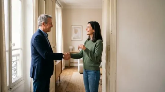 Poignée de main entre un propriétaire et un locataire devant la porte d'entrée d'un appartement lumineux, symbolisant un accord locatif sécurisé