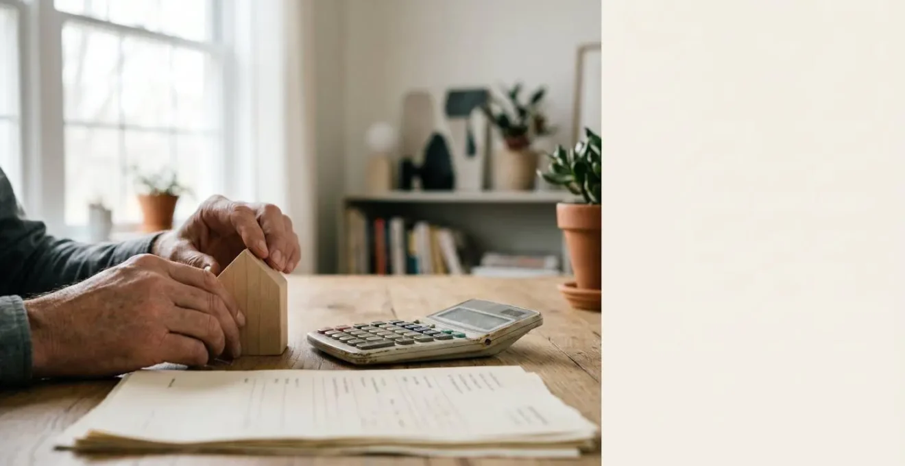 Personne calculant son budget immobilier avec une maquette de maison et des documents financiers sur un bureau, dans une lumière naturelle douce.