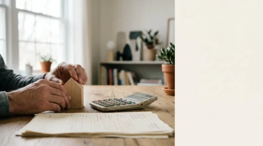 Personne calculant son budget immobilier avec une maquette de maison et des documents financiers sur un bureau, dans une lumière naturelle douce.