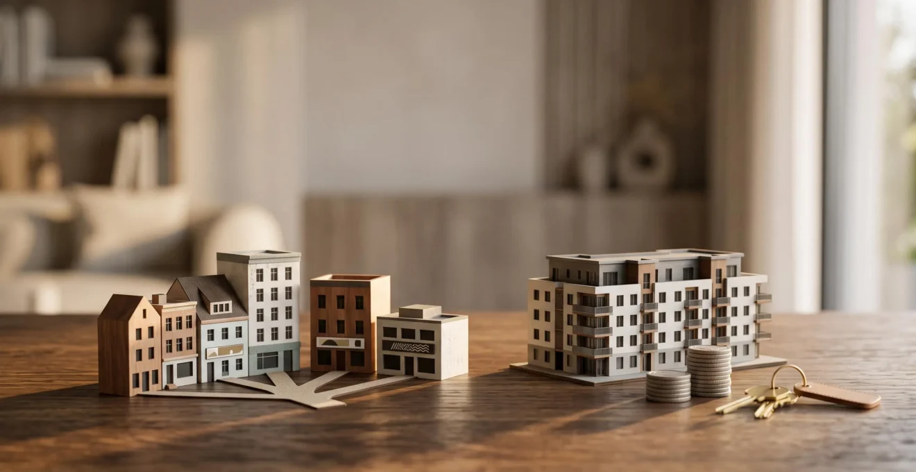 Maquettes de bâtiments miniatures représentant différents placements immobiliers disposées sur une table en bois, symbolisant le choix entre plusieurs stratégies d'investissement locatif