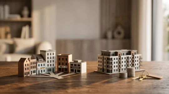 Maquettes de bâtiments miniatures représentant différents placements immobiliers disposées sur une table en bois, symbolisant le choix entre plusieurs stratégies d'investissement locatif