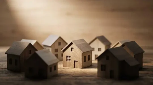 Loupe illuminant une seule maison miniature parmi un groupe de maisons similaires, symbolisant le ciblage précis d'un acheteur immobilier sérieux