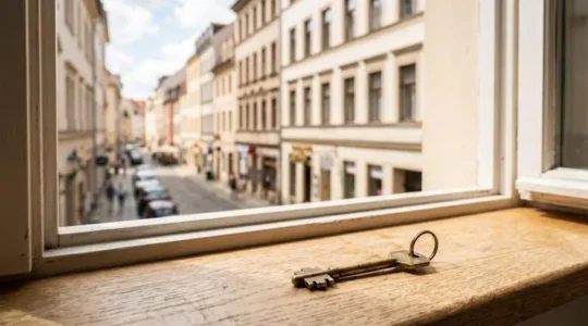 Clé métallique posée sur le rebord d'une fenêtre lumineuse d'un appartement fraîchement rénové prêt à être loué