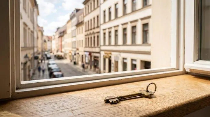 Clé métallique posée sur le rebord d'une fenêtre lumineuse d'un appartement fraîchement rénové prêt à être loué