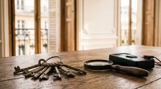 Clés de maison anciennes posées à côté d'une loupe et d'un petit appareil de mesure sur une table en bois, symbolisant la vérification technique avant une vente immobilière