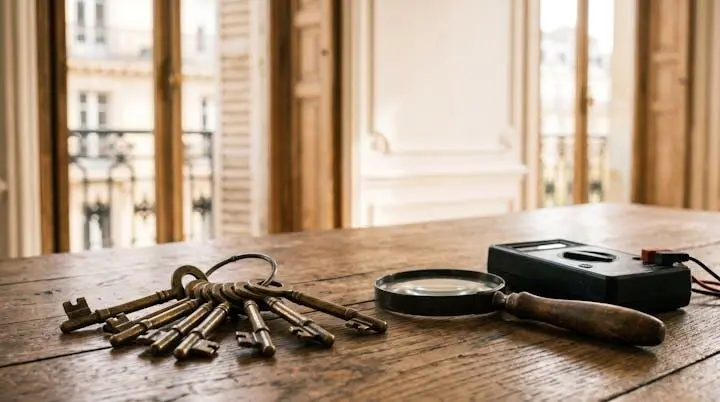 Clés de maison anciennes posées à côté d'une loupe et d'un petit appareil de mesure sur une table en bois, symbolisant la vérification technique avant une vente immobilière
