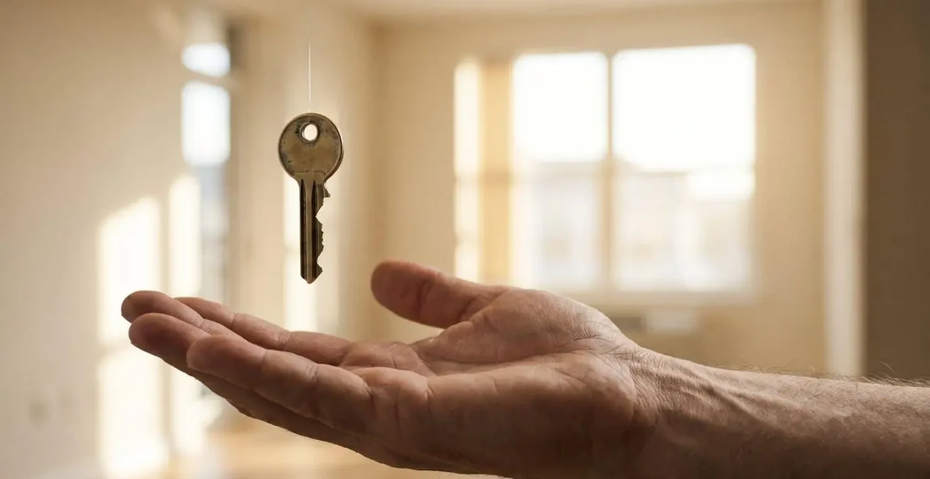 Clé de maison suspendue en équilibre au-dessus d'une main, symbolisant une vente immobilière conditionnée et réversible