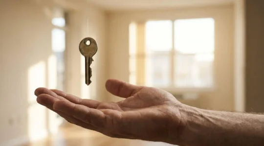 Clé de maison suspendue en équilibre au-dessus d'une main, symbolisant une vente immobilière conditionnée et réversible
