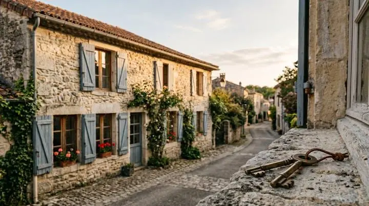 Photographie symbolique illustrant le principe du viager immobilier : une maison française traditionnelle et un échange de clés entre générations