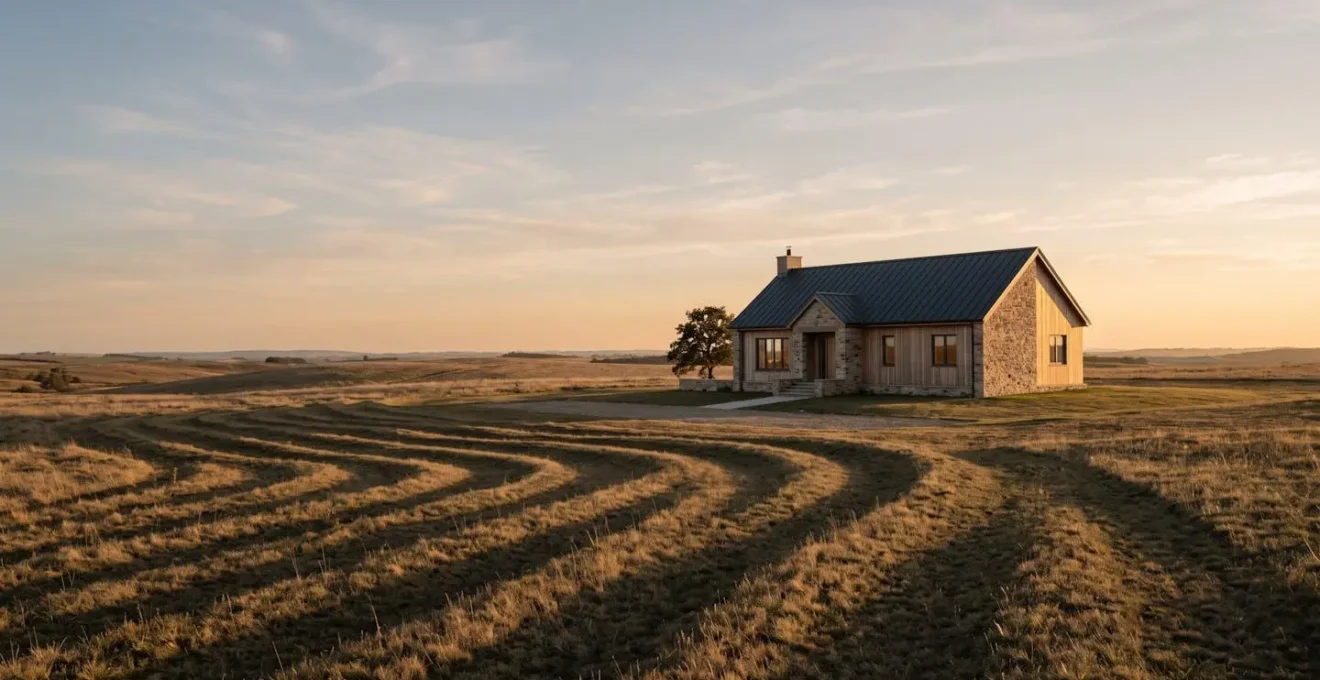 Maison résidentielle isolée baignée de lumière dorée, avec des ombres ondulées évoquant les cycles économiques projetées sur le sol