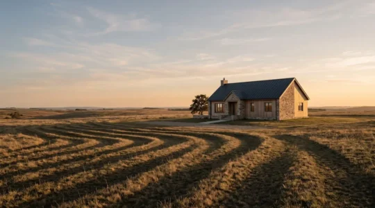 Maison résidentielle isolée baignée de lumière dorée, avec des ombres ondulées évoquant les cycles économiques projetées sur le sol