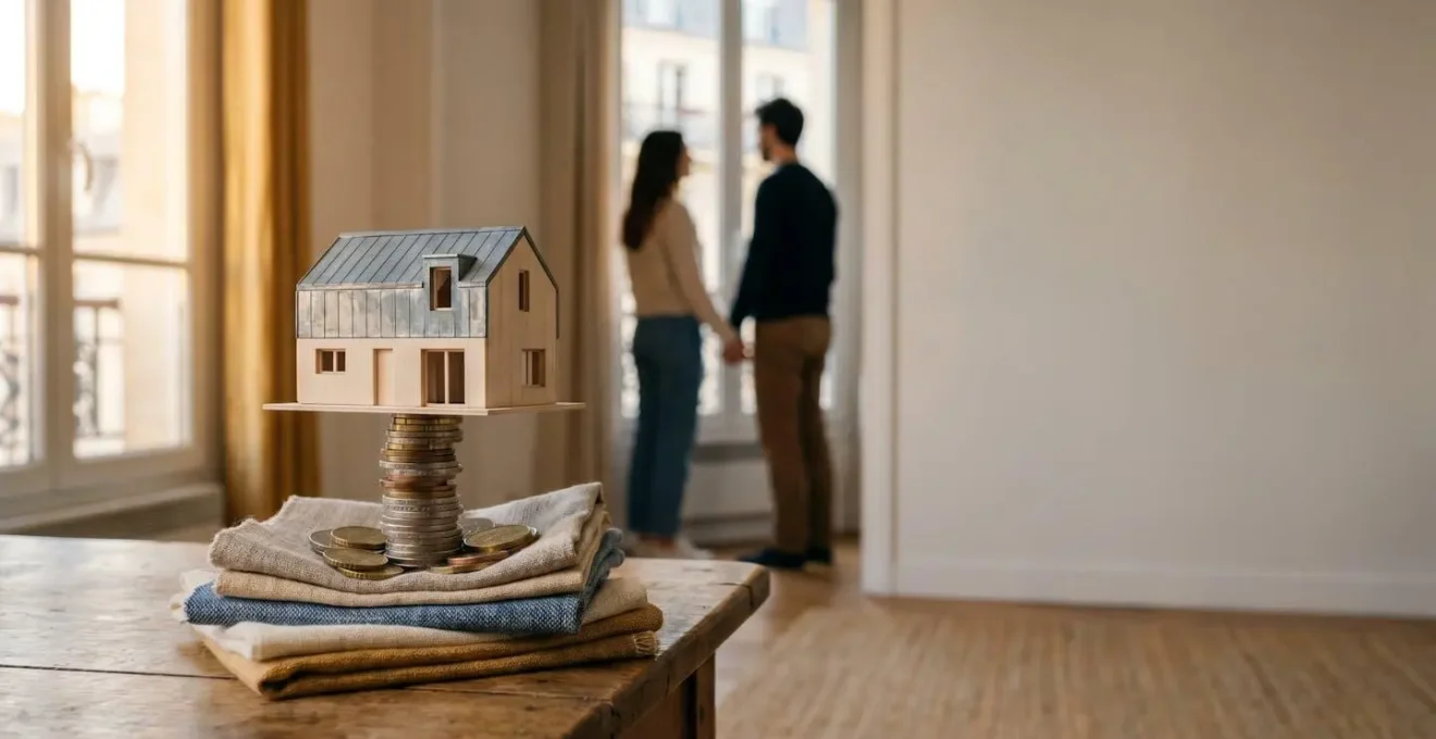Couple examinant sereinement la maquette d'une maison posée en équilibre sur une pile de pièces, symbolisant un projet immobilier réaliste et maîtrisé