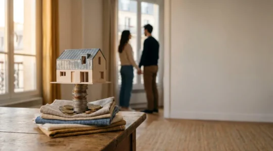 Couple examinant sereinement la maquette d'une maison posée en équilibre sur une pile de pièces, symbolisant un projet immobilier réaliste et maîtrisé