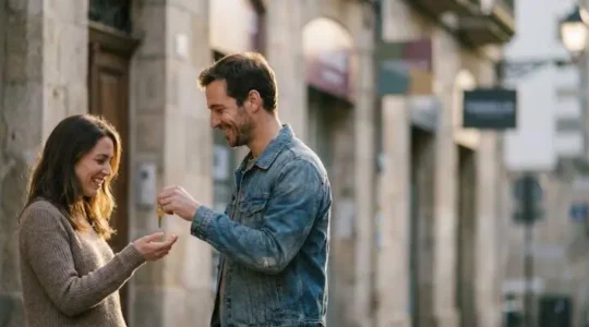 Un couple recevant symboliquement les clés de sa future maison, illustrant la réussite d'une négociation de crédit immobilier.