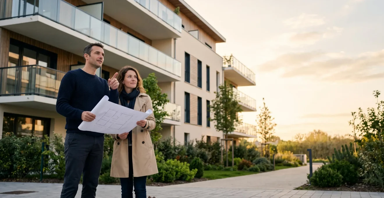 Jeune couple d'investisseurs examinant les plans d'un immeuble neuf en construction, symbole de l'investissement locatif défiscalisant