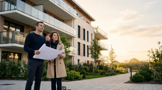 Jeune couple d'investisseurs examinant les plans d'un immeuble neuf en construction, symbole de l'investissement locatif défiscalisant