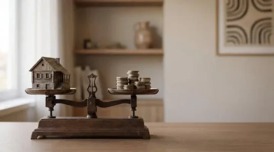 Une balance en bois tenant en équilibre une maquette de maison et des pièces de monnaie, symbolisant le juste prix immobilier