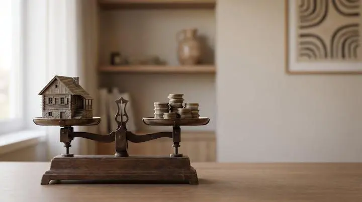 Une balance en bois tenant en équilibre une maquette de maison et des pièces de monnaie, symbolisant le juste prix immobilier
