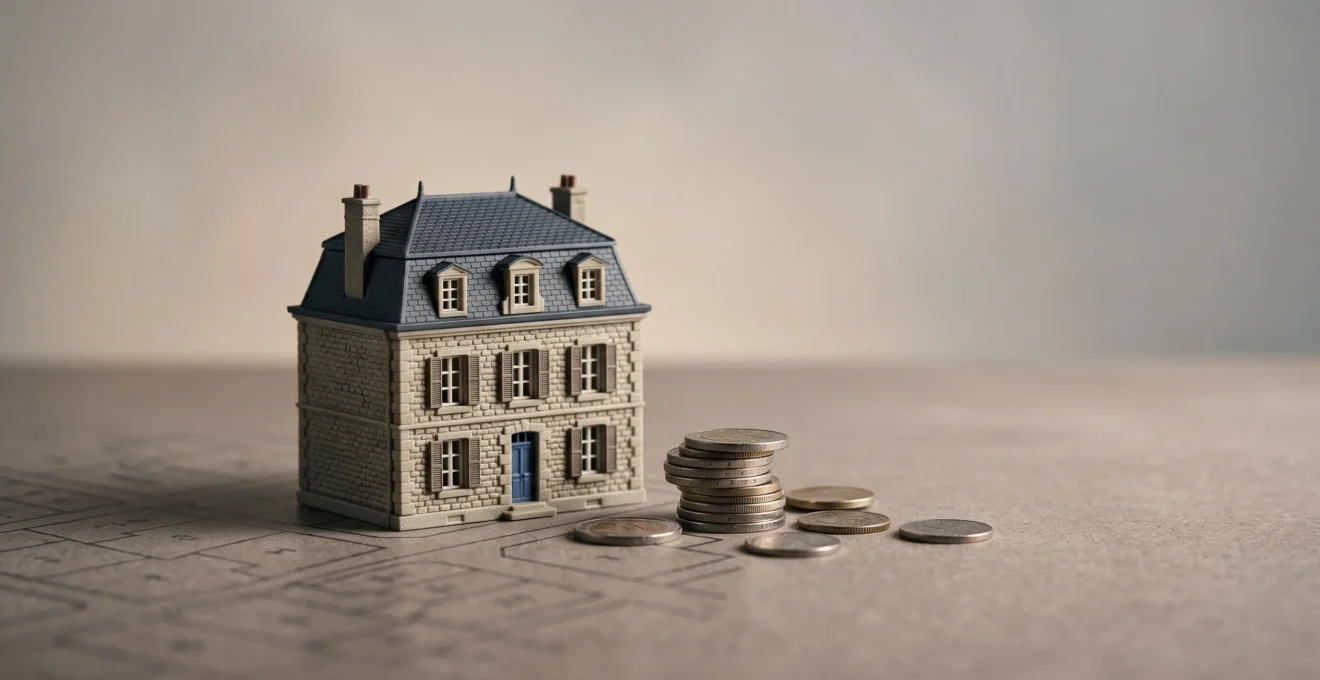 Maquette de maison francaise posee sur un plan cadastral abstrait, symbolisant l'estimation de la taxe fonciere avant un achat immobilier