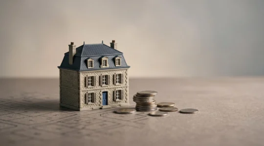 Maquette de maison francaise posee sur un plan cadastral abstrait, symbolisant l'estimation de la taxe fonciere avant un achat immobilier