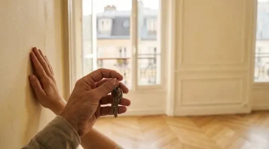 Propriétaire et locataire examinant ensemble un logement vide et lumineux lors d'un état des lieux d'entrée