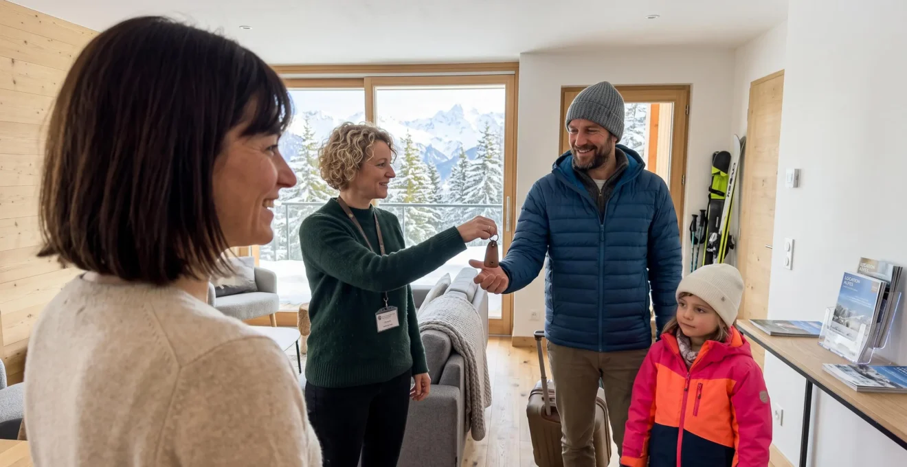 Une famille de quatre personnes vue de dos reçoit les clés d'un appartement de station par un agent immobilier local dans un intérieur alpin contemporain lumineux