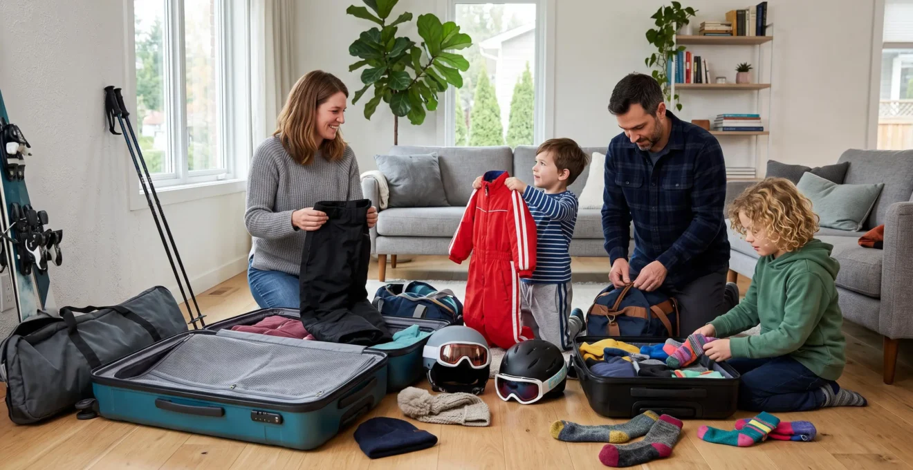 Une famille de quatre personnes prépare ensemble ses bagages pour un séjour au ski dans un salon lumineux, un enfant tenant une combinaison de ski rouge