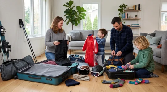 Une famille de quatre personnes prépare ensemble ses bagages pour un séjour au ski dans un salon lumineux, un enfant tenant une combinaison de ski rouge