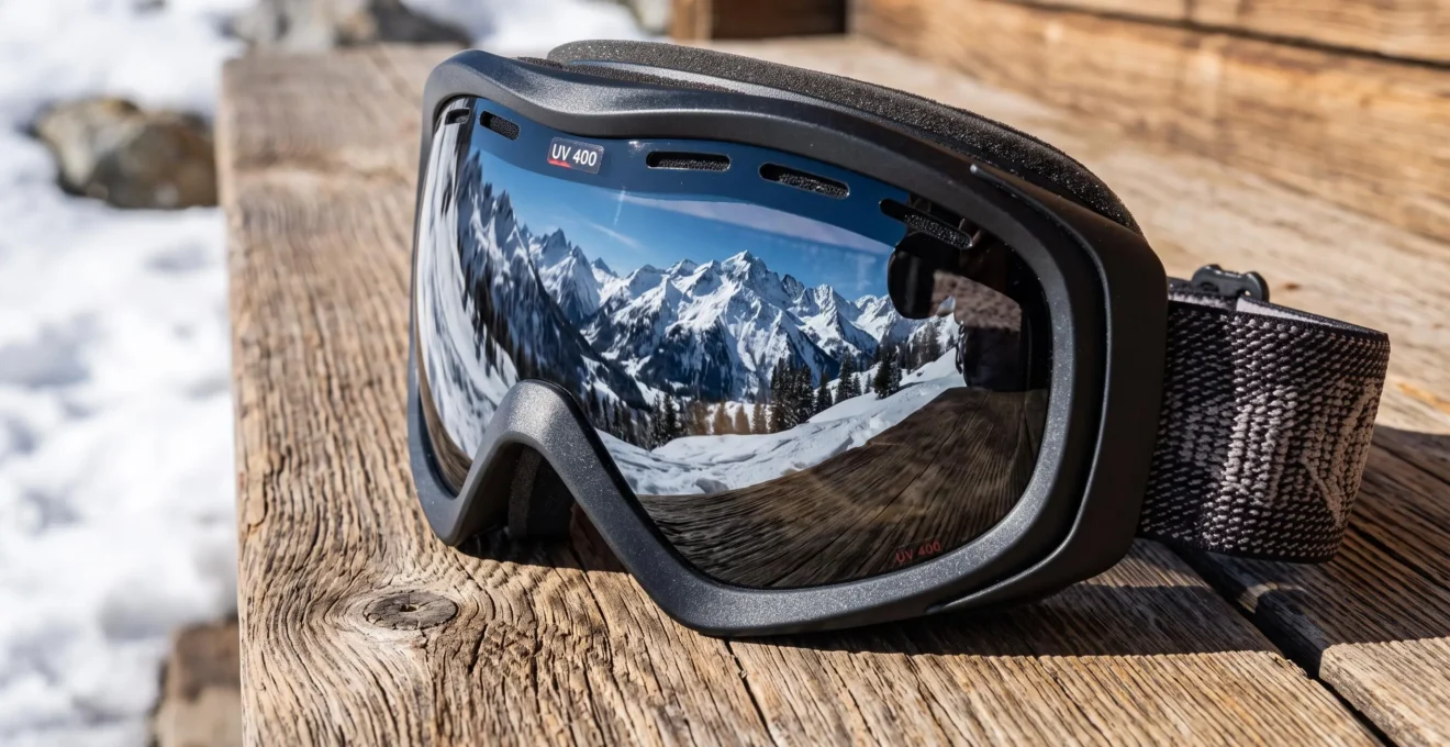Gros plan sur des lunettes de ski UV4 posées sur une table en bois, avec le reflet d'une montagne enneigée dans les verres et un tube de crème solaire SPF50+ flouté en arrière-plan