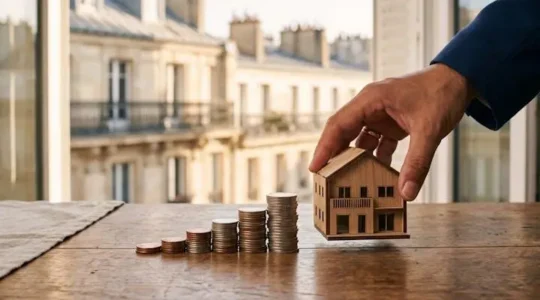 Une personne examine une maquette architecturale en bois à côté de pièces de monnaie empilées, symbolisant l'investissement progressif en crowdfunding immobilier