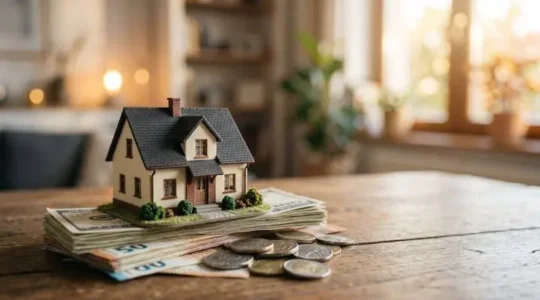 Maison miniature posée sur une pile de pièces dorées symbolisant la construction d'un revenu de retraite grâce à l'immobilier
