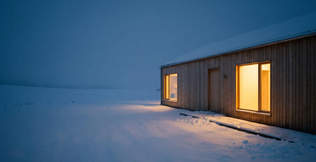 Maison individuelle de nuit en hiver, chaleur douce visible aux fenetres, symbole d'une isolation thermique efficace
