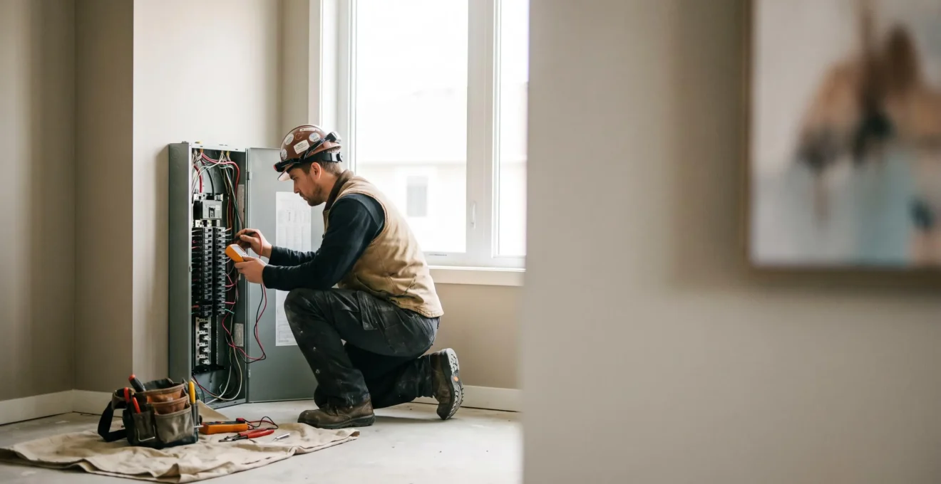 Electricien professionnel inspectant un tableau electrique dans un appartement avant sa mise en location