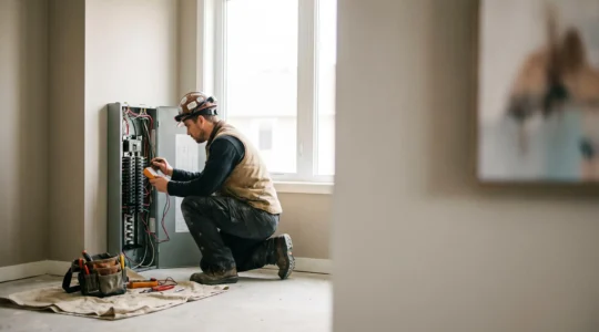 Electricien professionnel inspectant un tableau electrique dans un appartement avant sa mise en location