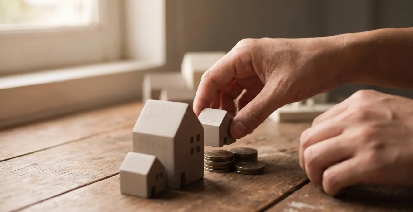 Acheteur analysant des documents de comparaison de biens immobiliers avant une négociation, ambiance feutrée et professionnelle