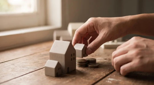 Acheteur analysant des documents de comparaison de biens immobiliers avant une négociation, ambiance feutrée et professionnelle