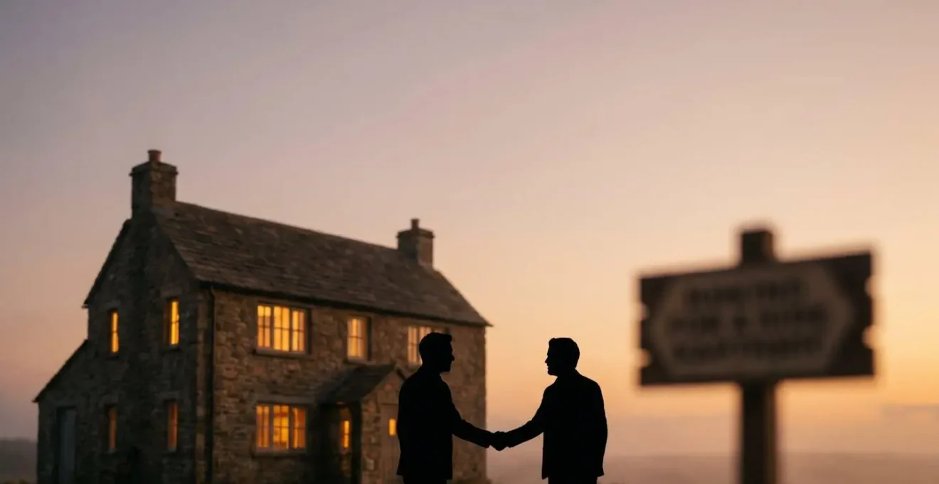Deux silhouettes se serrant la main devant une maison illuminée au coucher du soleil, symbolisant un accord immobilier réussi
