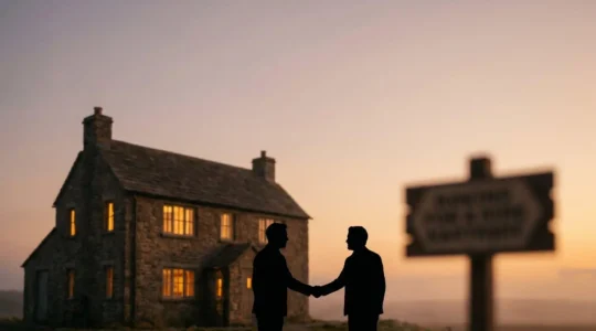 Deux silhouettes se serrant la main devant une maison illuminée au coucher du soleil, symbolisant un accord immobilier réussi