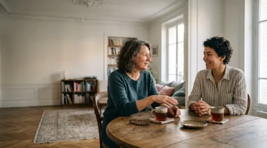 Propriétaire et locataire échangeant calmement autour d'un décompte de charges dans un salon lumineux