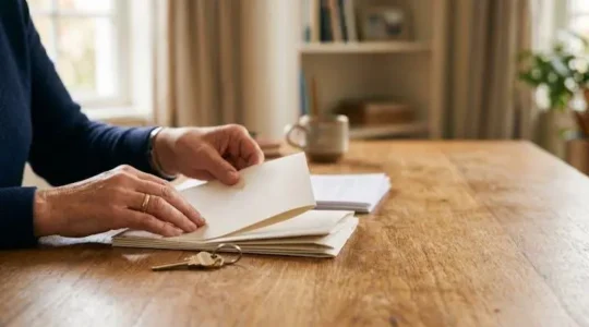 Mains d'un bailleur organisant avec soin des documents de location sur un bureau, symbole de rigueur juridique et de confiance entre propriétaire et locataire