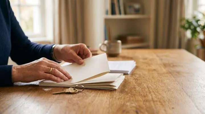 Mains d'un bailleur organisant avec soin des documents de location sur un bureau, symbole de rigueur juridique et de confiance entre propriétaire et locataire