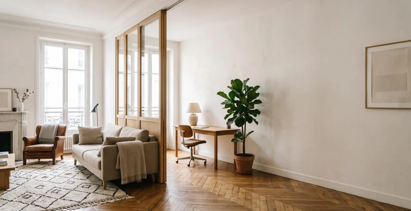 Salon lumineux réaménagé avec un coin bureau discret séparé de l'espace de vie par une cloison légère, sans perte de chambre
